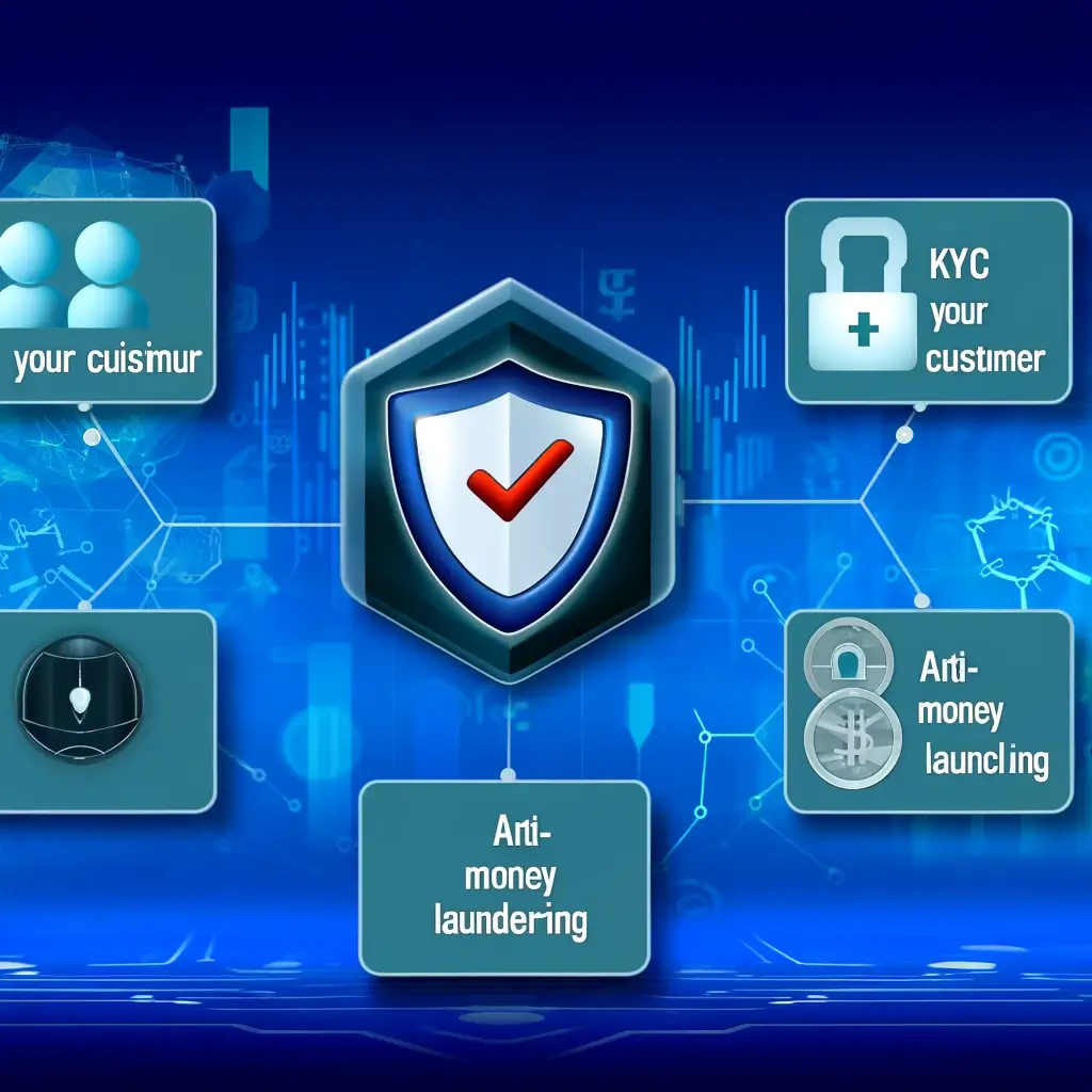 Illustration of a secure online gaming platform with icons representing KYC, AML policies, blockchain technology, and advanced monitoring systems, set against a digital background with a shield symbolizing protection and compliance.