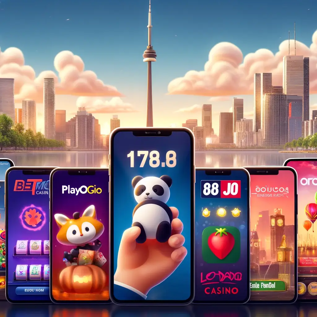 Various mobile devices displaying popular Ontario casino apps with the Toronto skyline and CN Tower in the background.