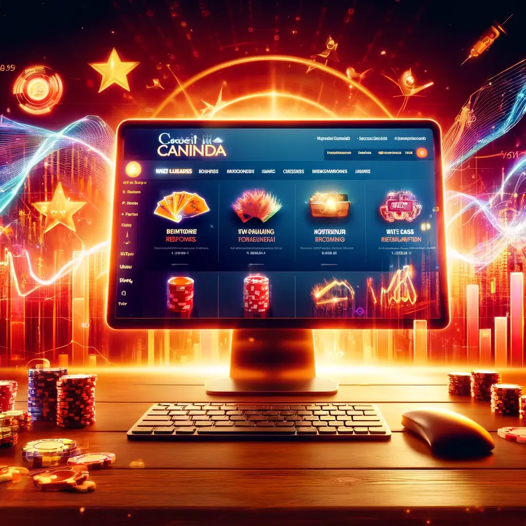 A vibrant scene showing CasinoCanada's website with detailed reviews and digital marketing charts in the background.