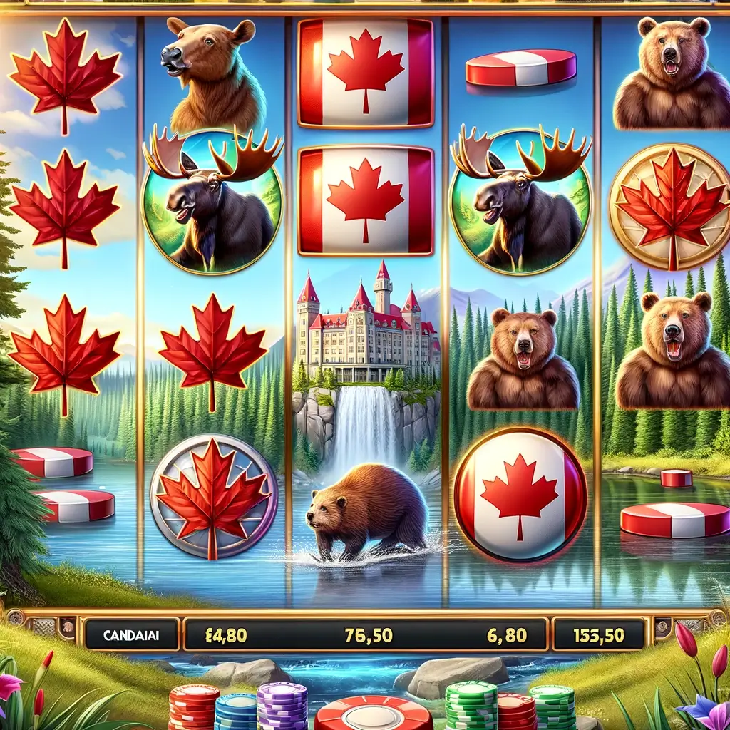 A detailed view of Canadian themed slots game reels featuring symbols like maple leaves, moose, beavers, and hockey pucks. The background includes lush forests, serene lakes, and a grand castle, with vibrant colors and high-quality graphics.