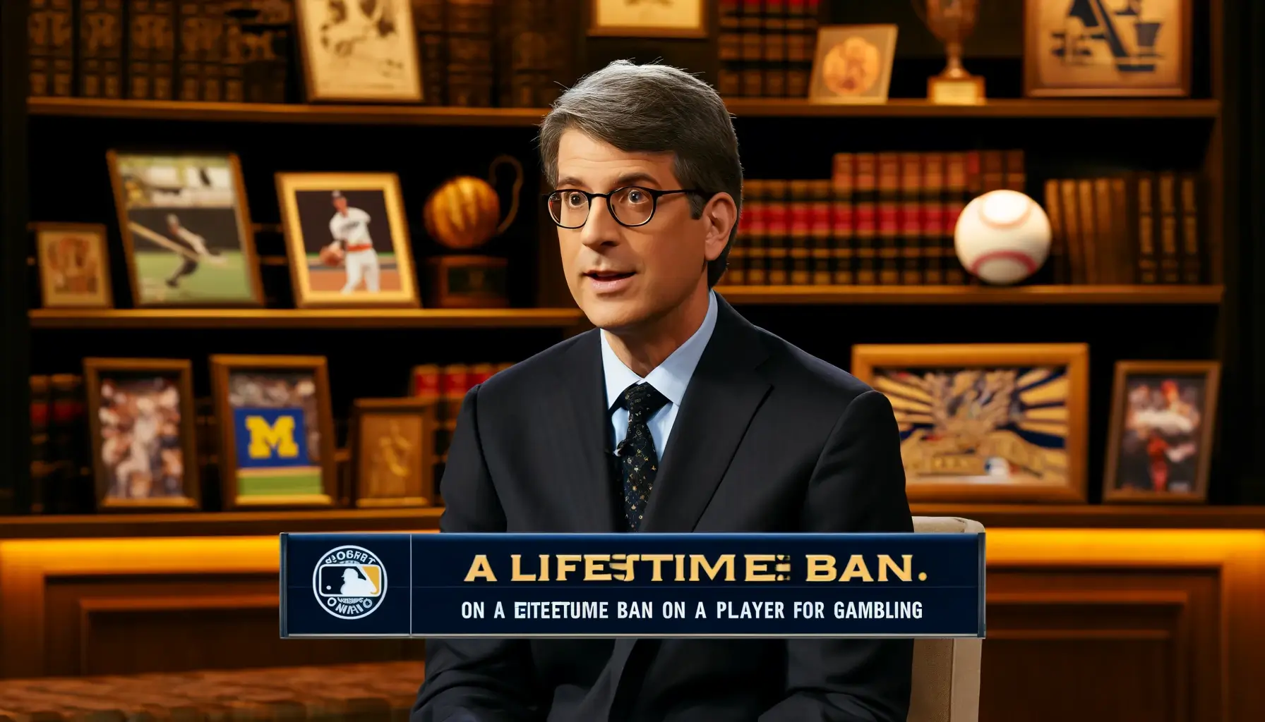 An image of Dr. Mark Evans, a sports law expert from the University of Michigan, speaking in a studio. The setting includes university emblems and bookshelves filled with sports law literature. Dr. Evans, a middle-aged man with glasses and a professional demeanor, is in mid-conversation, providing analysis on the implications of a lifetime ban on a player for gambling.