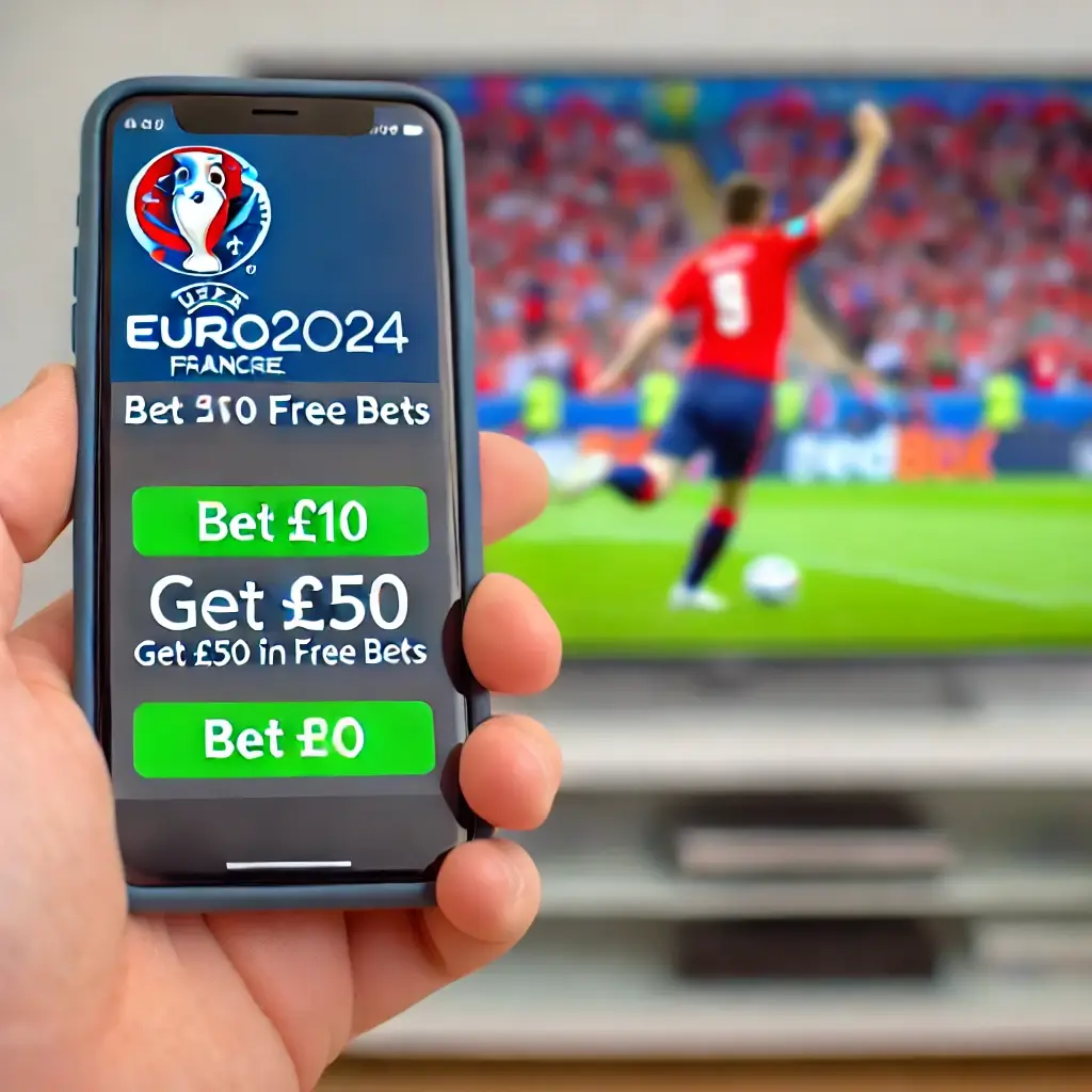 Close-up of a mobile phone screen displaying a sports betting app with the offer 'Bet £10, Get £50 in Free Bets' for the Euro 2024 round of 16 matches. The background features blurred cheering fans watching a live football match on TV.