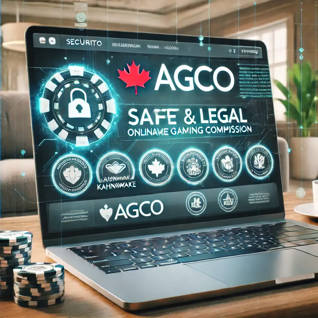 Laptop screen displaying a licensed online casino homepage with security badges and certifications from AGCO and Kahnawake Gaming Commission. Background includes a person browsing the site in a modern living room setting, emphasizing a safe and Legal Online Casino environment in Canada.