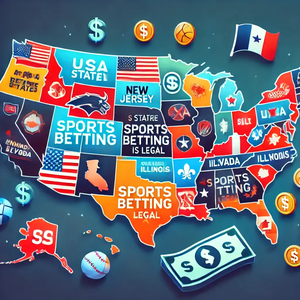 Map of the United States highlighting the 38 states where sports betting is legal, with icons representing sports betting such as dollar signs, sports balls, and betting slips. States like New Jersey, Nevada, Pennsylvania, Illinois, and New York are prominently highlighted as leaders in sports betting.