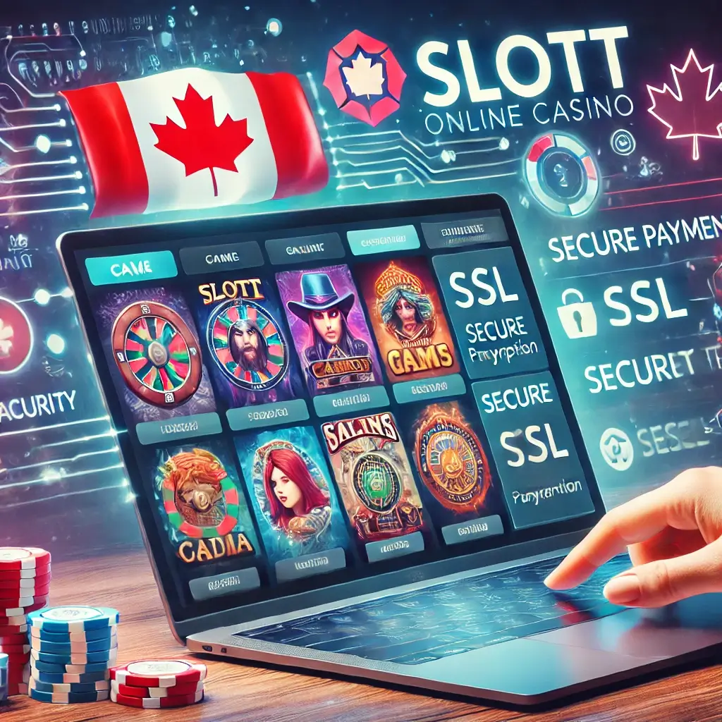 Person exploring the Slott online casino platform on a laptop with vibrant game graphics and Canadian icons in the background.